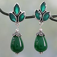 Glossy Green Earrings with Onyx and Chalcedony from India,'Glowing Green'