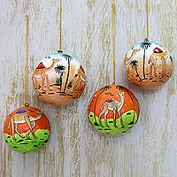 Papier mache ornaments, 'Wise Camels' (set of 4) - Handmade Papier Mache Round Camel Ornaments (Set of 4)