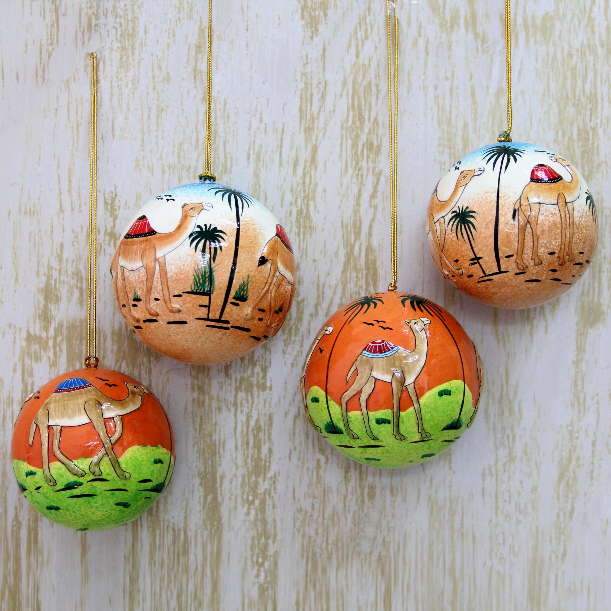 Handmade Papier Mache Round Camel Ornaments Set Of 4 Wise