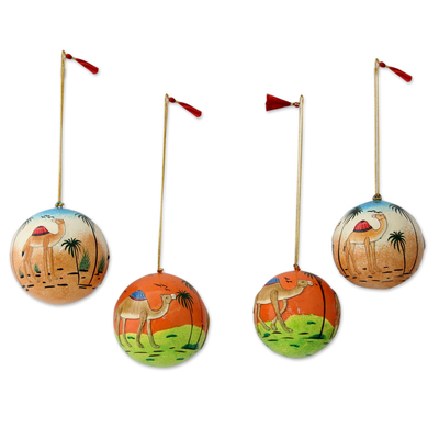Papier mache ornaments, 'Wise Camels' (set of 4) - Handmade Papier Mache Round Camel Ornaments (Set of 4)