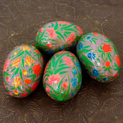 Papier mache decorative eggs, 'Colorful Blooms' (set of 4) - Artisan Crafted Papier Mache Eggs Hand Painted Set of 4
