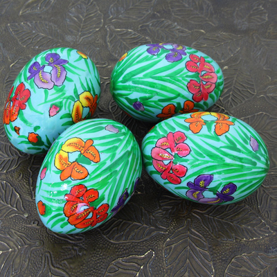 Papier mache eggs, 'Bright Hues' (set of 4) - Handmade Papier Mache Eggs with Floral Motif (Set of 4)