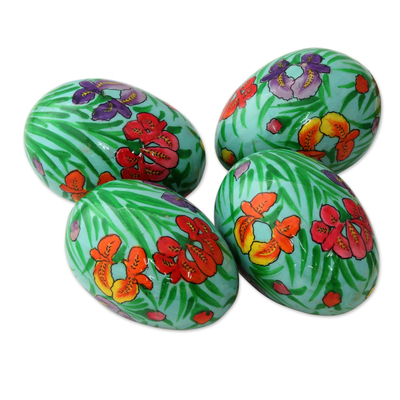 Papier mache eggs, 'Bright Hues' (set of 4) - Handmade Papier Mache Eggs with Floral Motif (Set of 4)