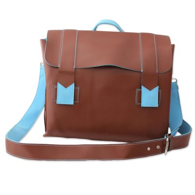 Handcrafted messenger bag, 'Practical Chocolate' - Brown Messenger Bag with Baby Blue Trim Handcrafted in India