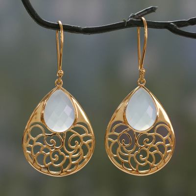 Gold vermeil chalcedony dangle earrings, 'Aqua Lace Teardrop' - Gold Vermeil Indian Jali Earrings with Faceted Chalcedony