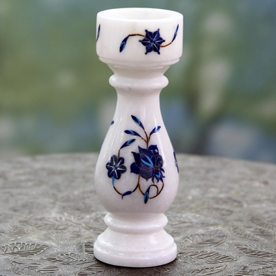 Marble inlay tealight candleholder, 'Blue Rose of Agra' - Indian Stone Inlay Blue Floral Marble Candleholder