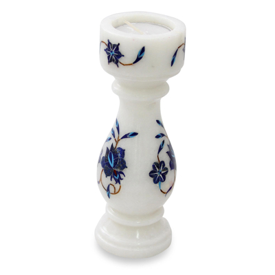 Marble inlay tealight candleholder, 'Blue Rose of Agra' - Indian Stone Inlay Blue Floral Marble Candleholder