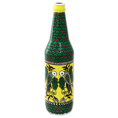Decorative glass bottle, 'Bangalore Lovebirds' - Hand Painted Bird Theme Decorative Green Glass Bottle