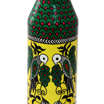 Decorative glass bottle, 'Bangalore Lovebirds' - Hand Painted Bird Theme Decorative Green Glass Bottle