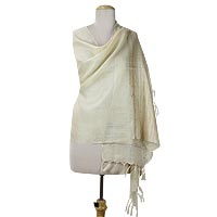 Tussar silk shawl, 'Grace of India' - Hand Woven Tussar Silk Shawl Beige Wrap from India