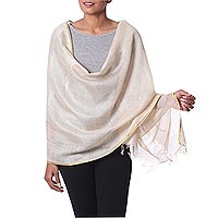 Tussar silk shawl, 'Beige Diva' - Beige with Golden Accent Tussar Silk Shawl Indian Wrap