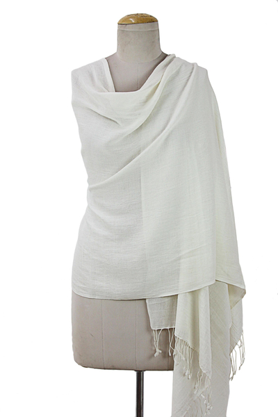 Fringed Off White 100% Cotton Shawl from India - Dancing Cloud | NOVICA