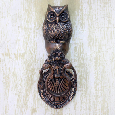 Brass door knocker, 'Owl Arrival' - Copper Plated Brass Owl Door Knocker with Antique Look