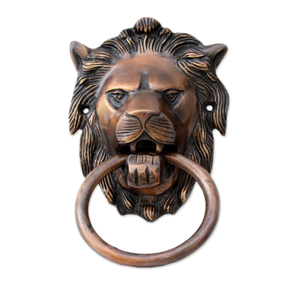 Brass door knocker, 'Lion Arrival' - Copper Plated Brass Lion Door Knocker with Antique Look