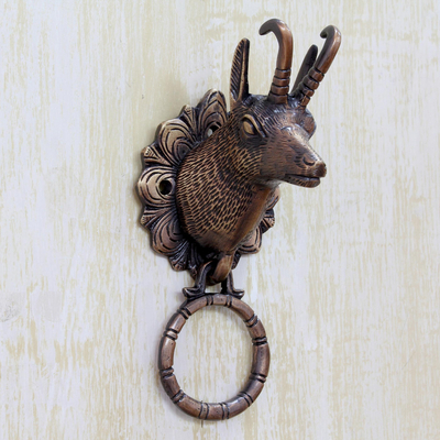 Brass door knocker, 'Antelopoe Arrival' - Indian Antiqued Copper Plated Antelope Door Knocker