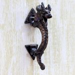 Brass door handle, 'Dragon Passage' - Antiqued Indian Dragon Door Handle in Copper Plated Brass