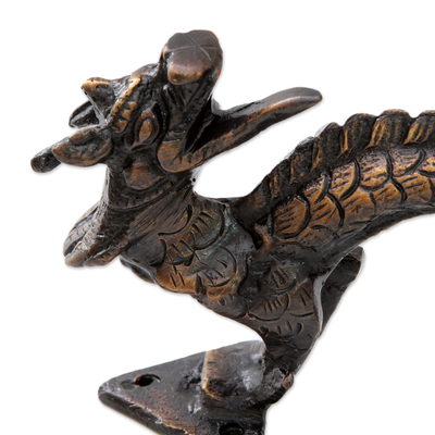Brass door handle, 'Dragon Passage' - Antiqued Indian Dragon Door Handle in Copper Plated Brass