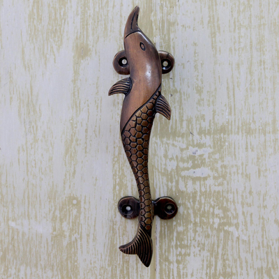Türgriff aus Messing - Delphin-Türgriff aus antik verkupfertem Messing, Indien
