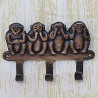 Brass key chain holder, 'Four Wise Monkeys' - Hand Crafted Monkey Brass Key Chain Holder from India