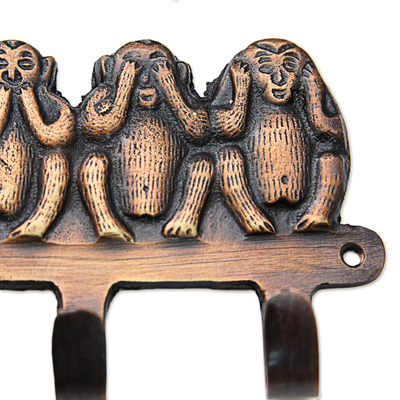 Brass key chain holder, 'Four Wise Monkeys' - Hand Crafted Monkey Brass Key Chain Holder from India