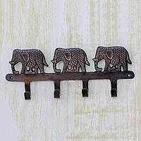 Brass key holder, 'Adventurous Elephants'