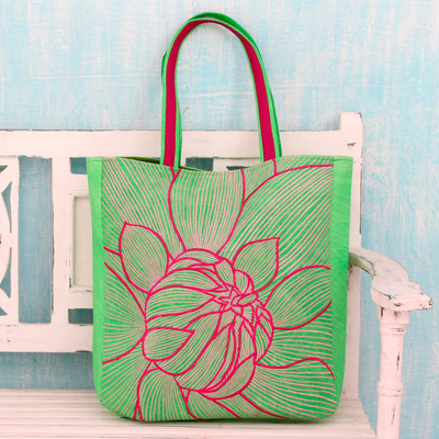 Cotton shoulder bag, 'Lime Delight' - Artisan Crafted Green Embroidered Cotton Shoulder Bag