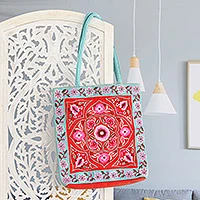 Cotton shoulder bag, 'Floral Emblem' - Artisan Crafted Embroidered 100% Cotton Floral Shoulder Bag