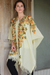 Capa de lana bordada, 'Ravishing Alabaster' - Capa de lana bordada para mujer en alabastro con flores
