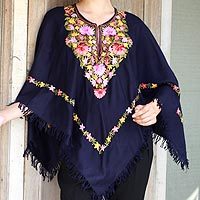 Wool poncho, 'Royal Garden' - Dark Blue Wool Poncho with Pastel Flower Embroidery