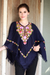 Wool poncho, 'Royal Garden' - Dark Blue Wool Poncho with Pastel Flower Embroidery thumbail