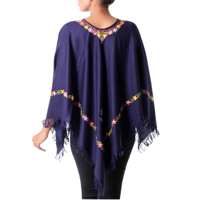 Wool poncho, 'Royal Garden' - Dark Blue Wool Poncho with Pastel Flower Embroidery