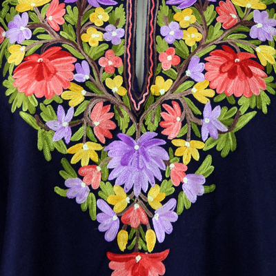 Wool poncho, 'Royal Garden' - Dark Blue Wool Poncho with Pastel Flower Embroidery