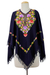Wool poncho, 'Royal Garden' - Dark Blue Wool Poncho with Pastel Flower Embroidery (image 2d) thumbail
