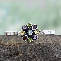Multi-gemstone bangle bracelet, 'Floral Emblem' - Artisan Crafted Floral Multi-Gemstone Silver Bangle Bracelet