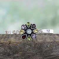 Multi-gemstone bangle bracelet, 'Floral Emblem' - Artisan Crafted Floral Multi-Gemstone Silver Bangle Bracelet