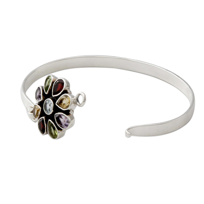 Multi-gemstone bangle bracelet, 'Floral Emblem' - Artisan Crafted Floral Multi-Gemstone Silver Bangle Bracelet