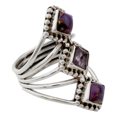 Amethyst cocktail ring, 'Purple Allure' - Amethyst and Reconstituted Turquoise Handmade Cocktail Ring