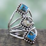 Citrine cocktail ring, 'Golden Allure' - Handmade Citrine and Reconstituted Turquoise Ring