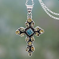 Citrine pendant necklace, 'Radiant Cross'
