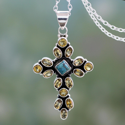 Citrine pendant necklace, 'Radiant Cross' - Citrine and Sterling Silver Necklace with Cross Pendant