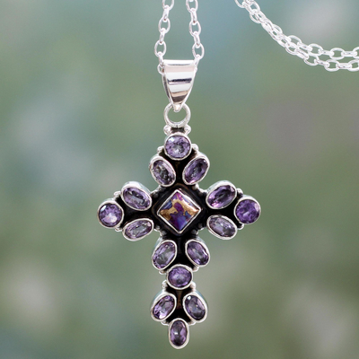 Amethyst pendant necklace, 'Lilac Spirituality' - Amethyst and Sterling Silver Necklace with Cross Pendant