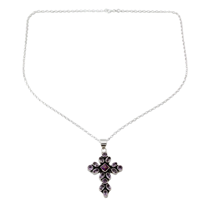 Amethyst pendant necklace, 'Lilac Spirituality' - Amethyst and Sterling Silver Necklace with Cross Pendant