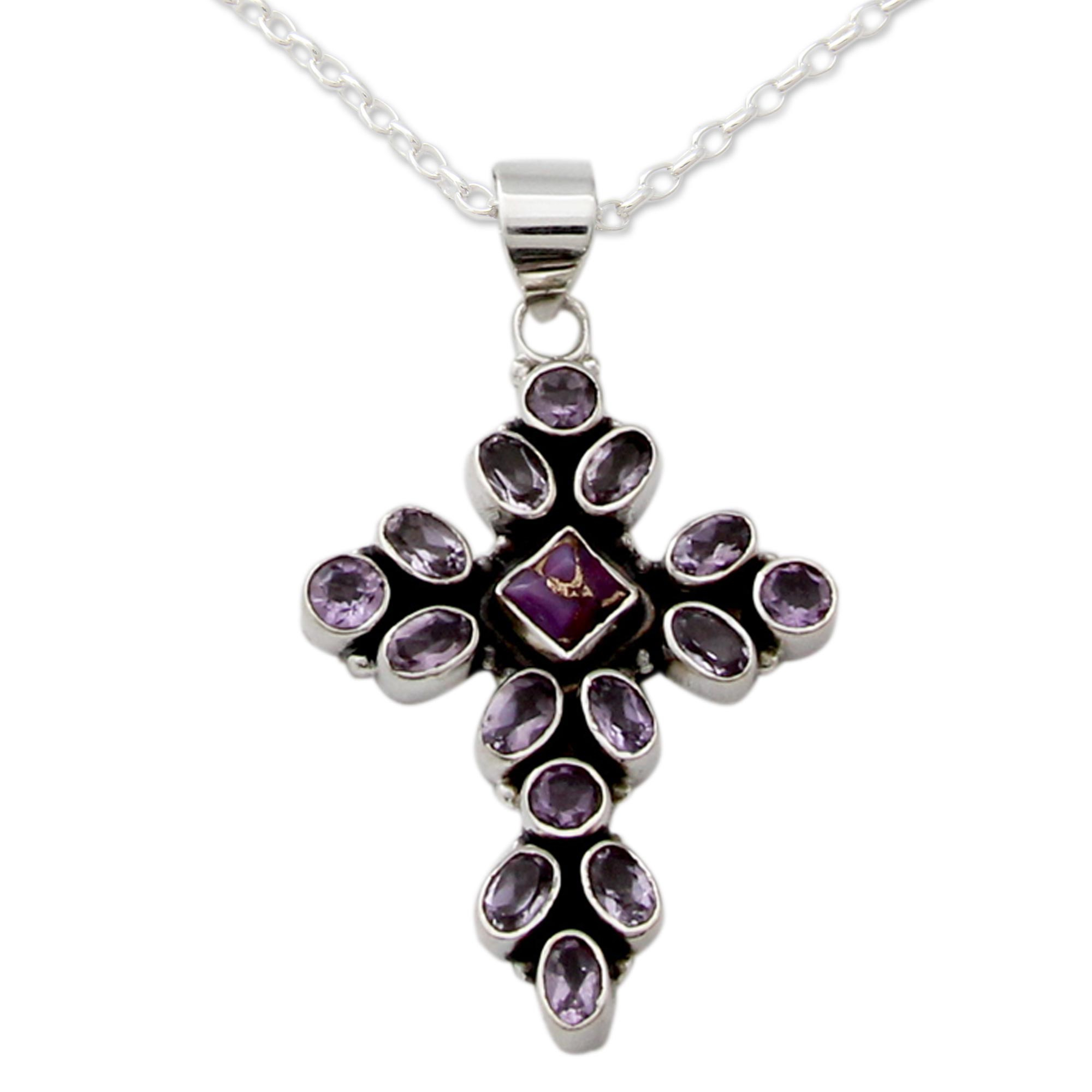 sterling silver amethyst flower cross necklace