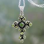 Peridot pendant necklace, 'Green Tranquility' - Peridot and Sterling Silver Necklace with Cross Pendant
