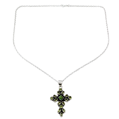 Peridot pendant necklace, 'Green Tranquility' - Peridot and Sterling Silver Necklace with Cross Pendant