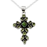 Peridot pendant necklace, 'Green Tranquility' - Peridot and Sterling Silver Necklace with Cross Pendant