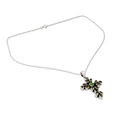 Peridot pendant necklace, 'Green Tranquility' - Peridot and Sterling Silver Necklace with Cross Pendant