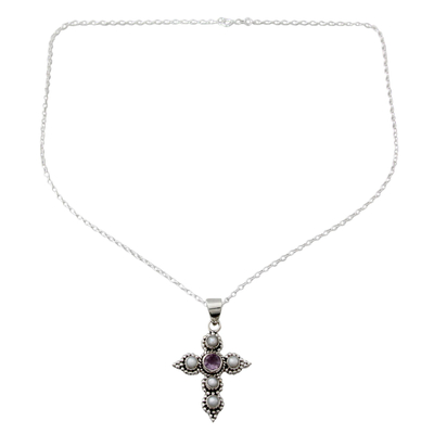 Cultured pearl and amethyst pendant necklace, 'Harmony in White' - Cultured Pearl and Amethyst Necklace with Cross Pendant