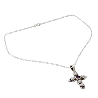 Cultured pearl and amethyst pendant necklace, 'Harmony in White' - Cultured Pearl and Amethyst Necklace with Cross Pendant
