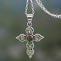 Peridot cross necklace, 'Divine Harmony' - Artisan Crafted Peridot and Sterling Silver Cross Necklace